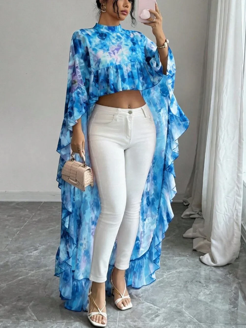 Blue Women's darin Collar Chiffon Floral Ruffle Trim hi-low Elegant Blouse top - Picture 4 of 6